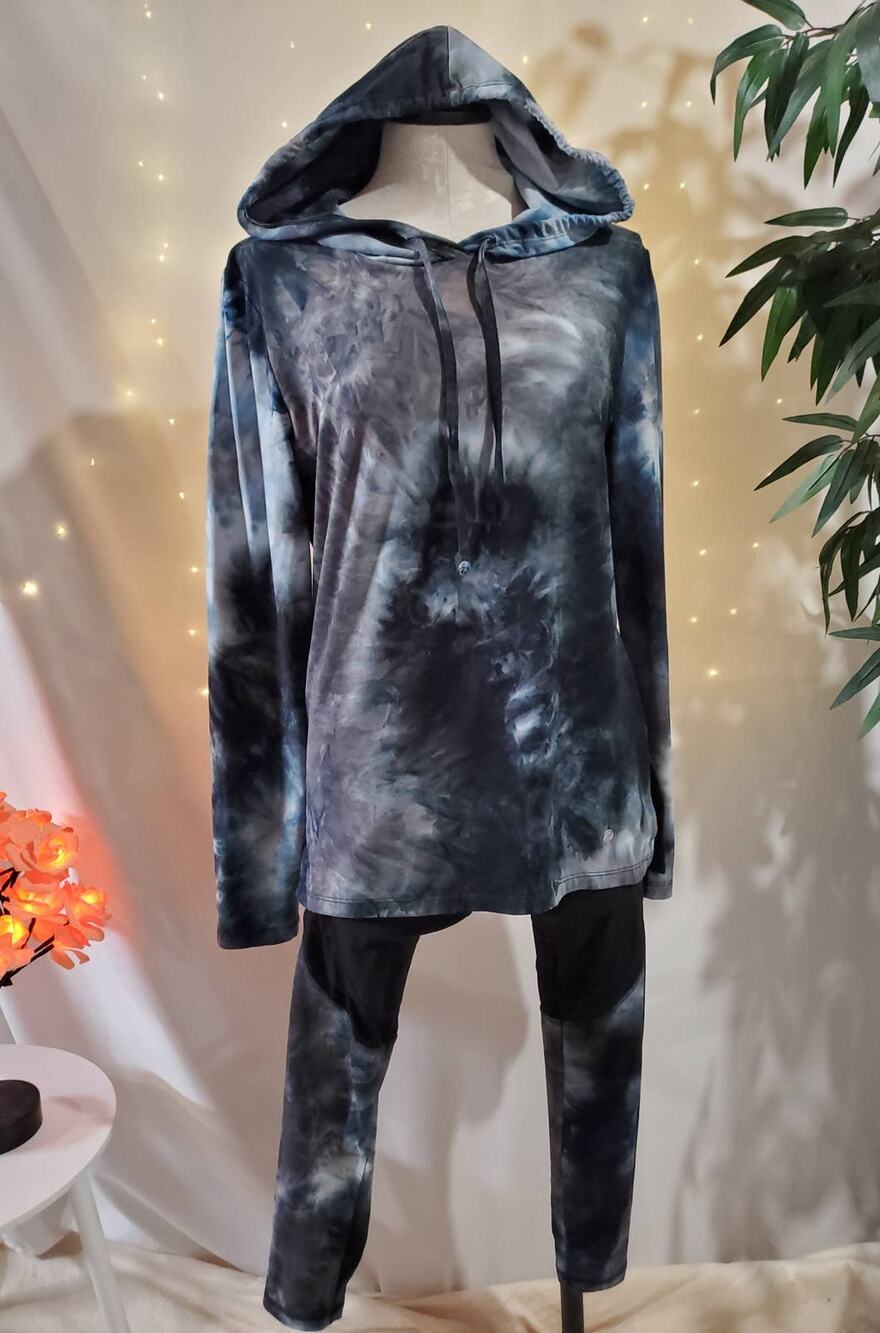 Bally Total Fitness Tie Dye Gray Black Womens Activewear Set M Hoodie S Leggings